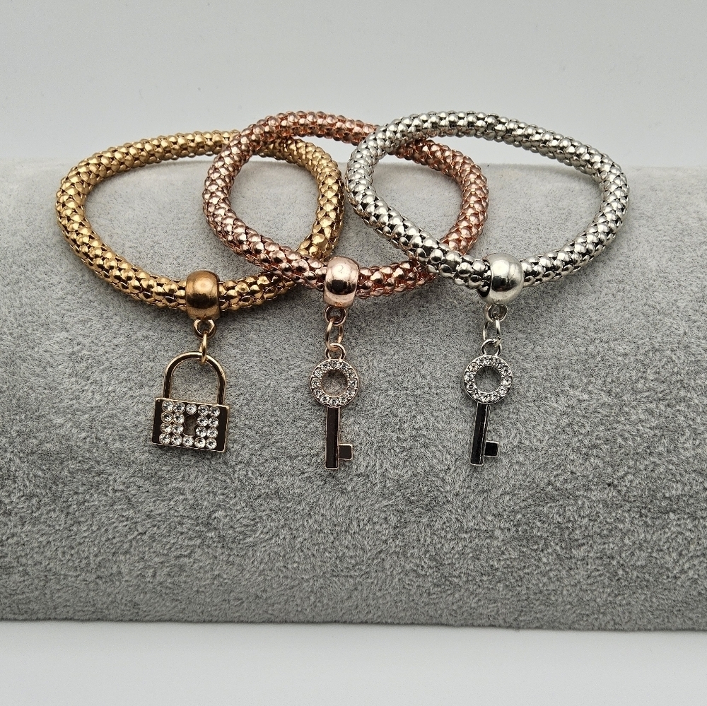 Gold, Rose Gold, and Silver Lock and Key Charm Bracelets, Stretchy Design